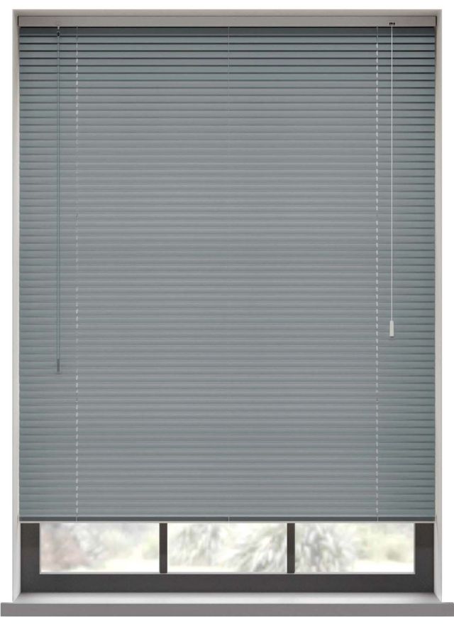 A dark aluminium blind in the bathroom window