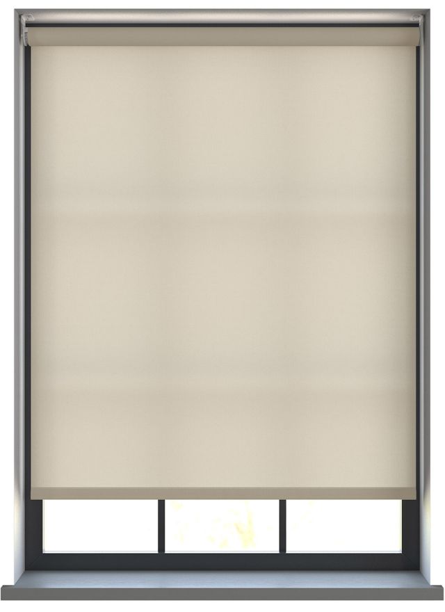 A beige dimout roller blind in a window