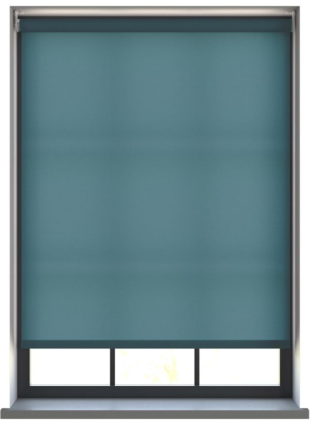 Our Burst Muted Teal dimout roller blind in a living room window.