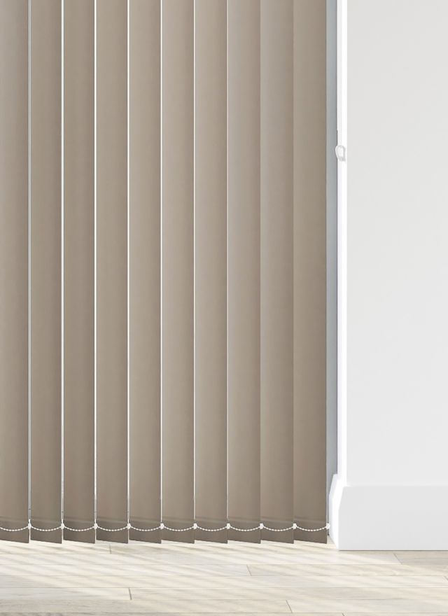 A light brown vertical blind in a bathroom