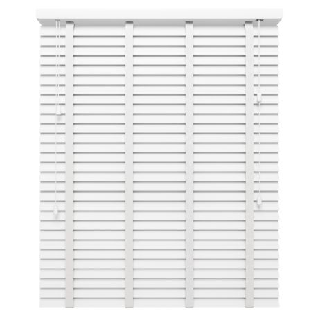 Editions Ghost White with Pure Tapes - white faux wooden venetian blind above the kitchen sink with 3 vertical tapes
